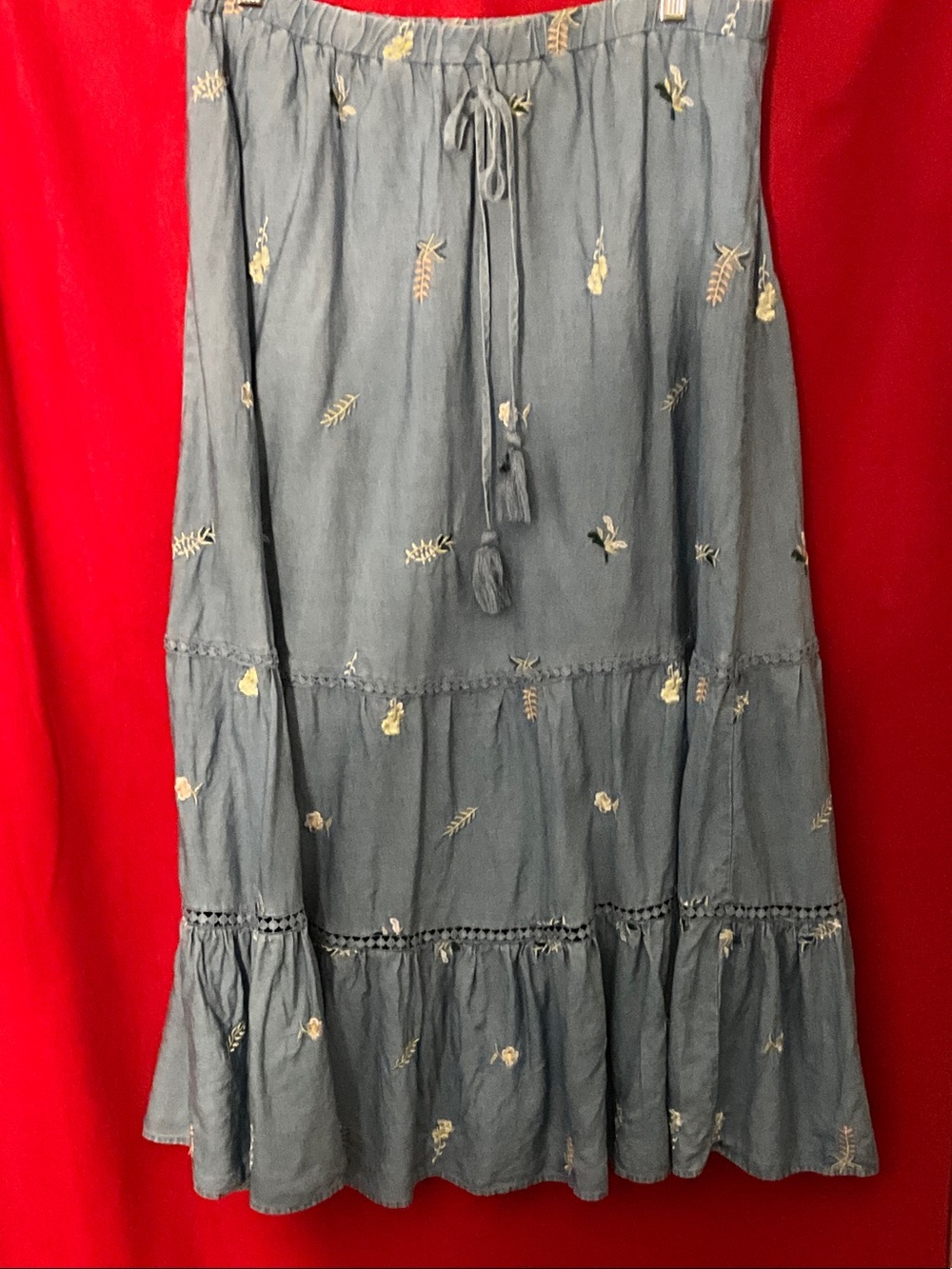 Indigo Rose embroidered tier chambray skirt